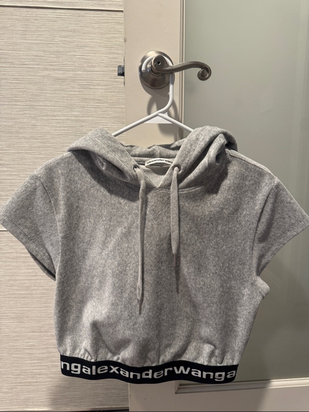 Alexander Wang Light Gray Short Sleeve Cropped Hoodie with Black Logo Hem